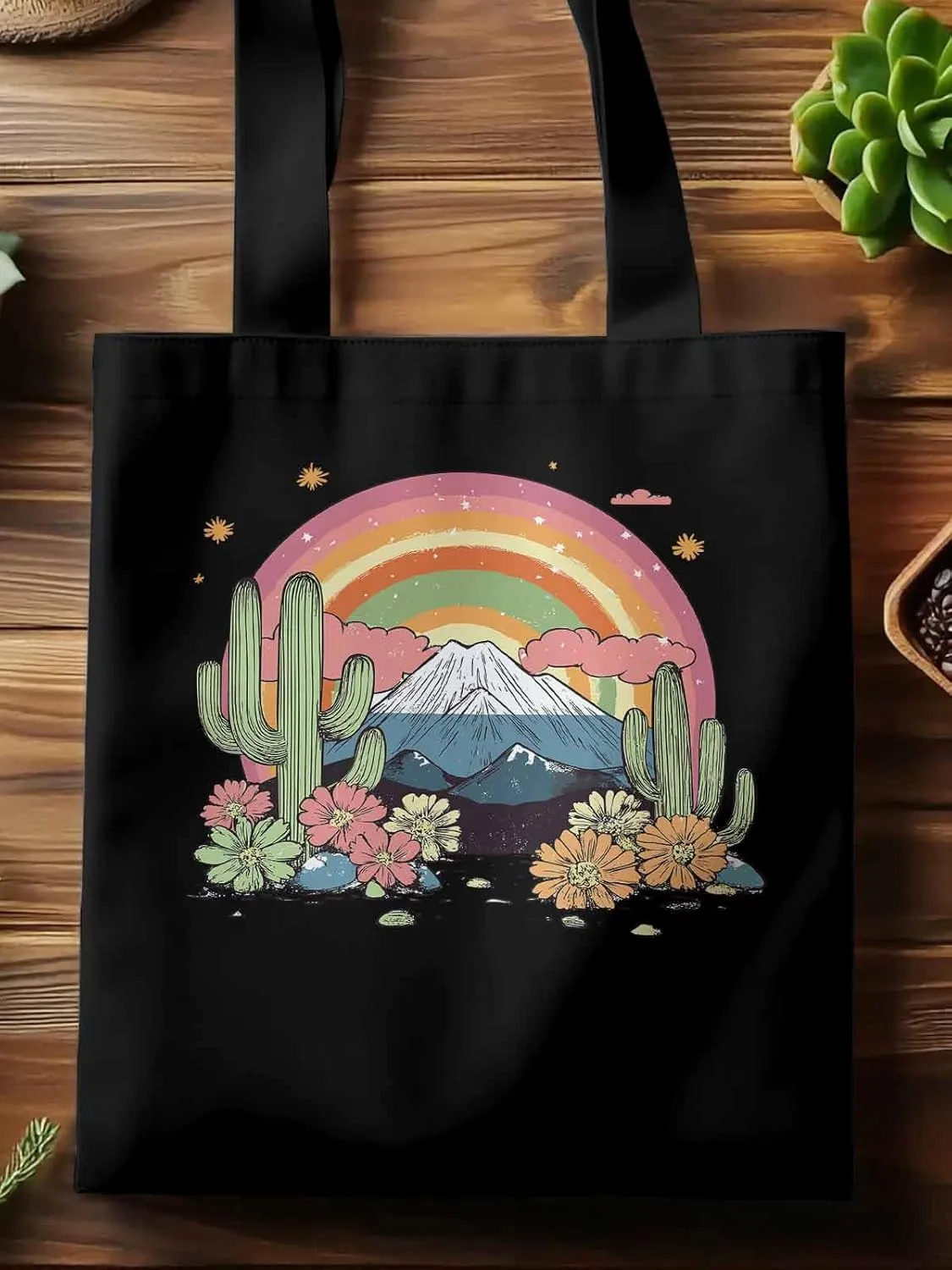 Canvas Tote Bag, Mountain Rainbow Western Cactus Floral patterned Canvas Tote Handbags for Women Shoulder Bag,