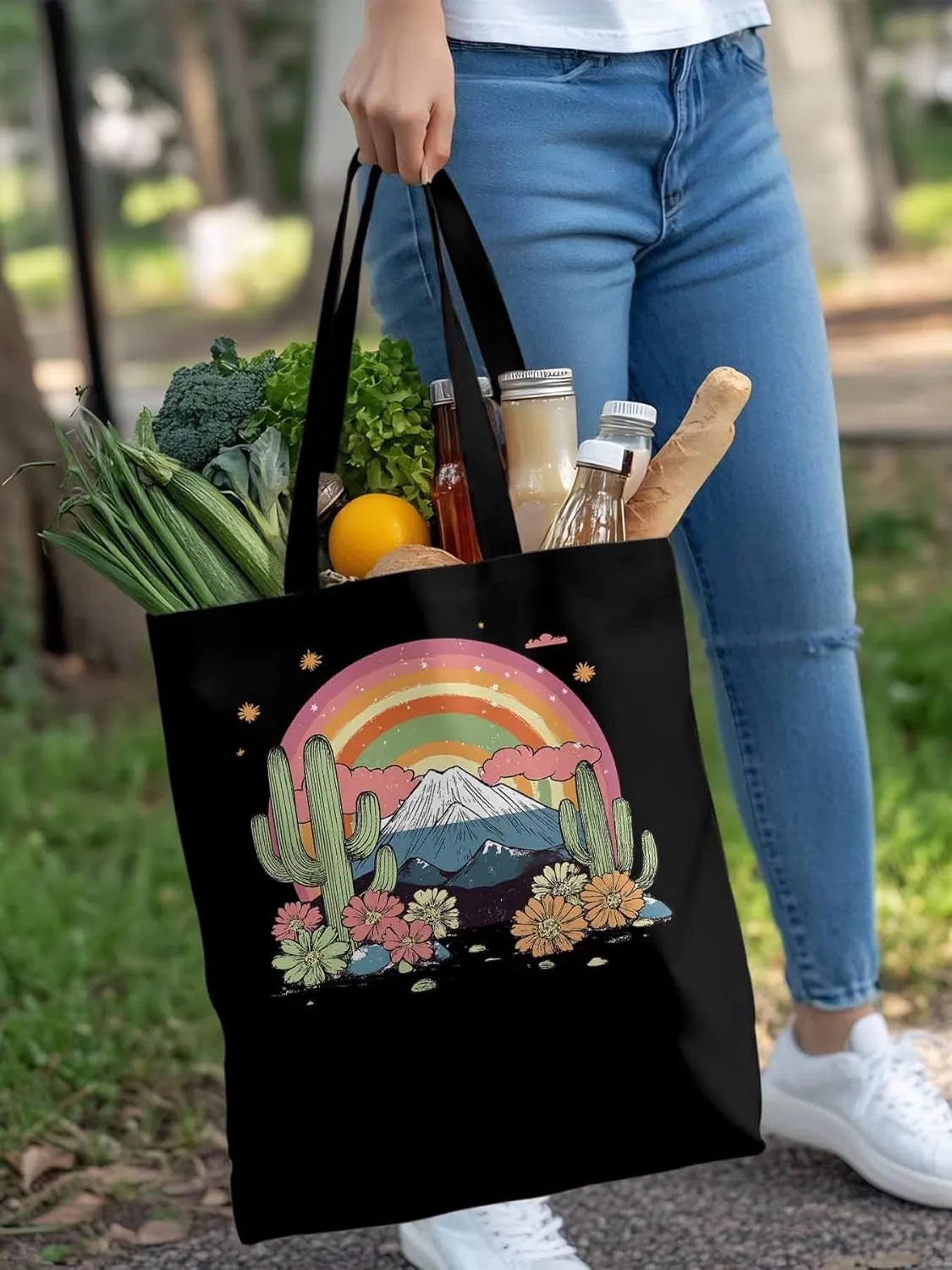 Canvas Tote Bag, Mountain Rainbow Western Cactus Floral patterned Canvas Tote Handbags for Women Shoulder Bag,
