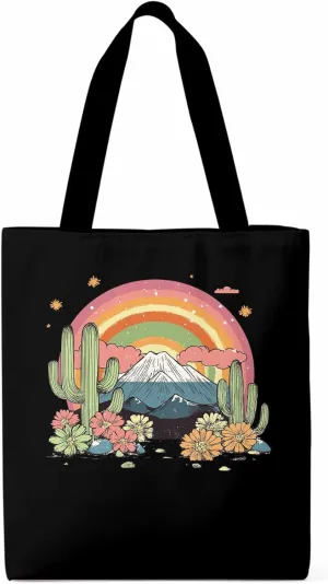Canvas Tote Bag, Mountain Rainbow Western Cactus Floral patterned Canvas Tote Handbags for Women Shoulder Bag,