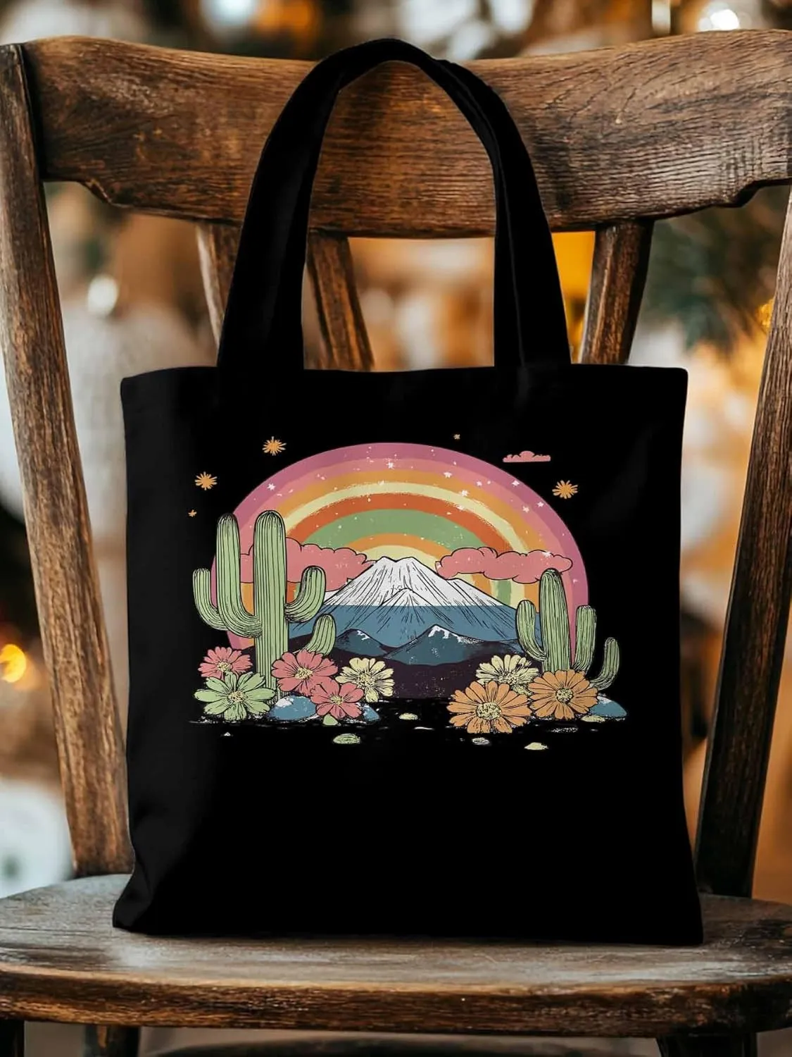 Canvas Tote Bag, Mountain Rainbow Western Cactus Floral patterned Canvas Tote Handbags for Women Shoulder Bag,