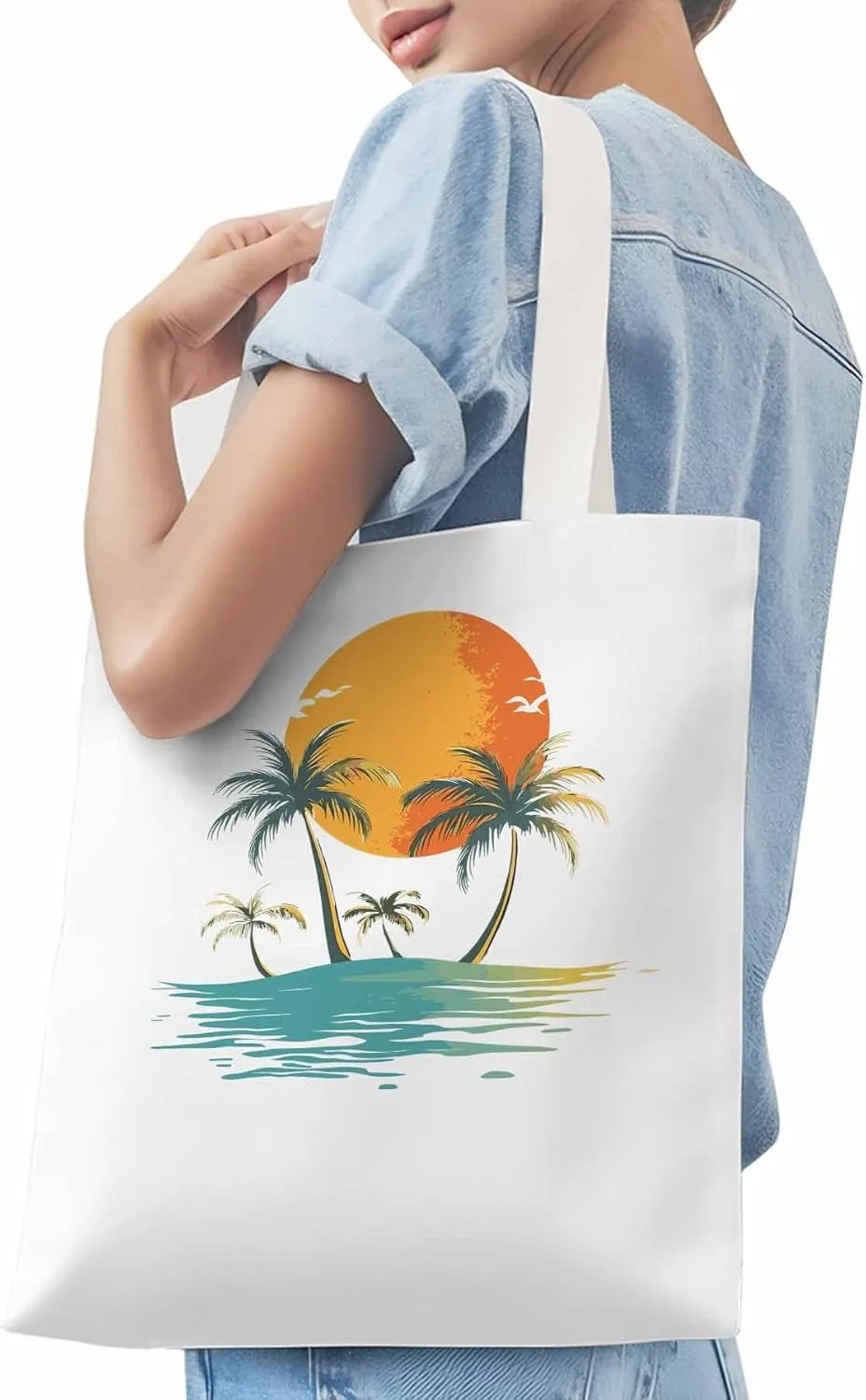 Canvas Tote Bag, Ocean Coconut Tree Orange Sun Beach patterned Canvas Tote Handbags for Women Shoulder Bag,