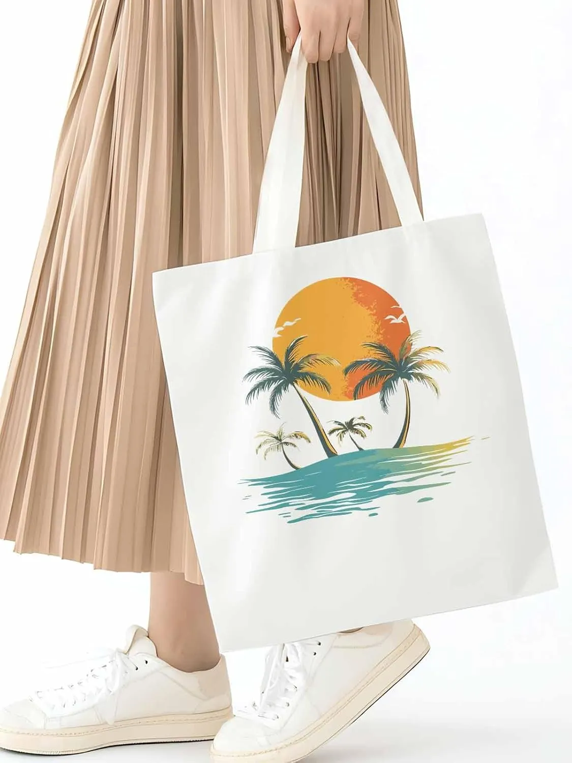 Canvas Tote Bag, Ocean Coconut Tree Orange Sun Beach patterned Canvas Tote Handbags for Women Shoulder Bag,
