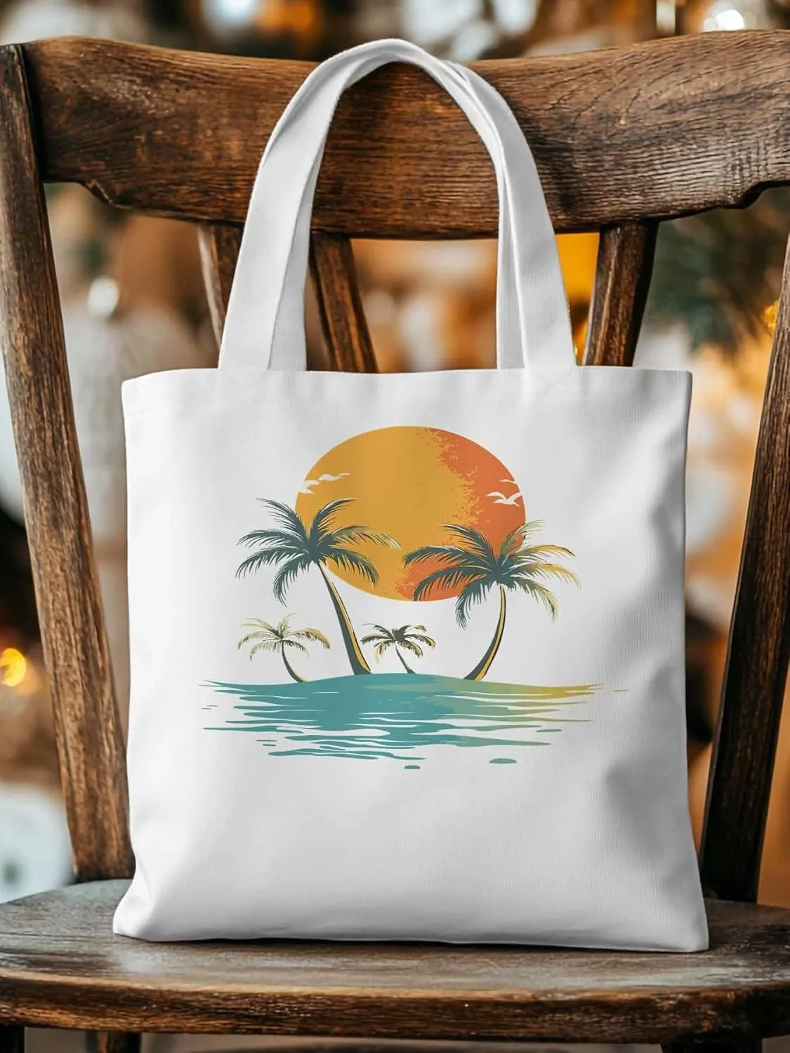 Canvas Tote Bag, Ocean Coconut Tree Orange Sun Beach patterned Canvas Tote Handbags for Women Shoulder Bag,