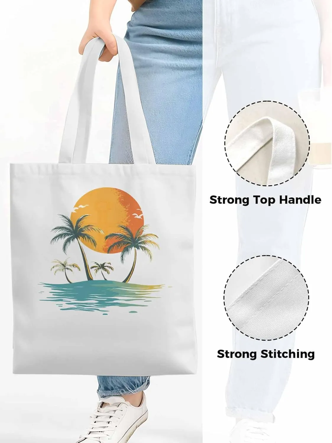 Canvas Tote Bag, Ocean Coconut Tree Orange Sun Beach patterned Canvas Tote Handbags for Women Shoulder Bag,