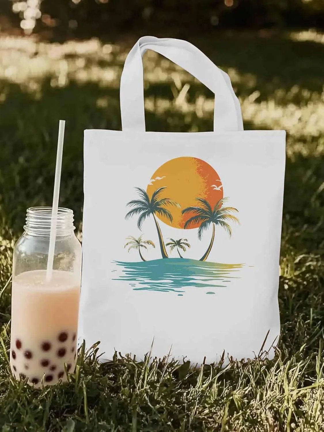 Canvas Tote Bag, Ocean Coconut Tree Orange Sun Beach patterned Canvas Tote Handbags for Women Shoulder Bag,