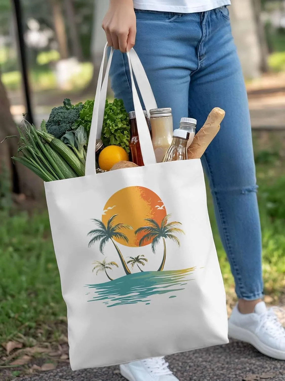 Canvas Tote Bag, Ocean Coconut Tree Orange Sun Beach patterned Canvas Tote Handbags for Women Shoulder Bag,