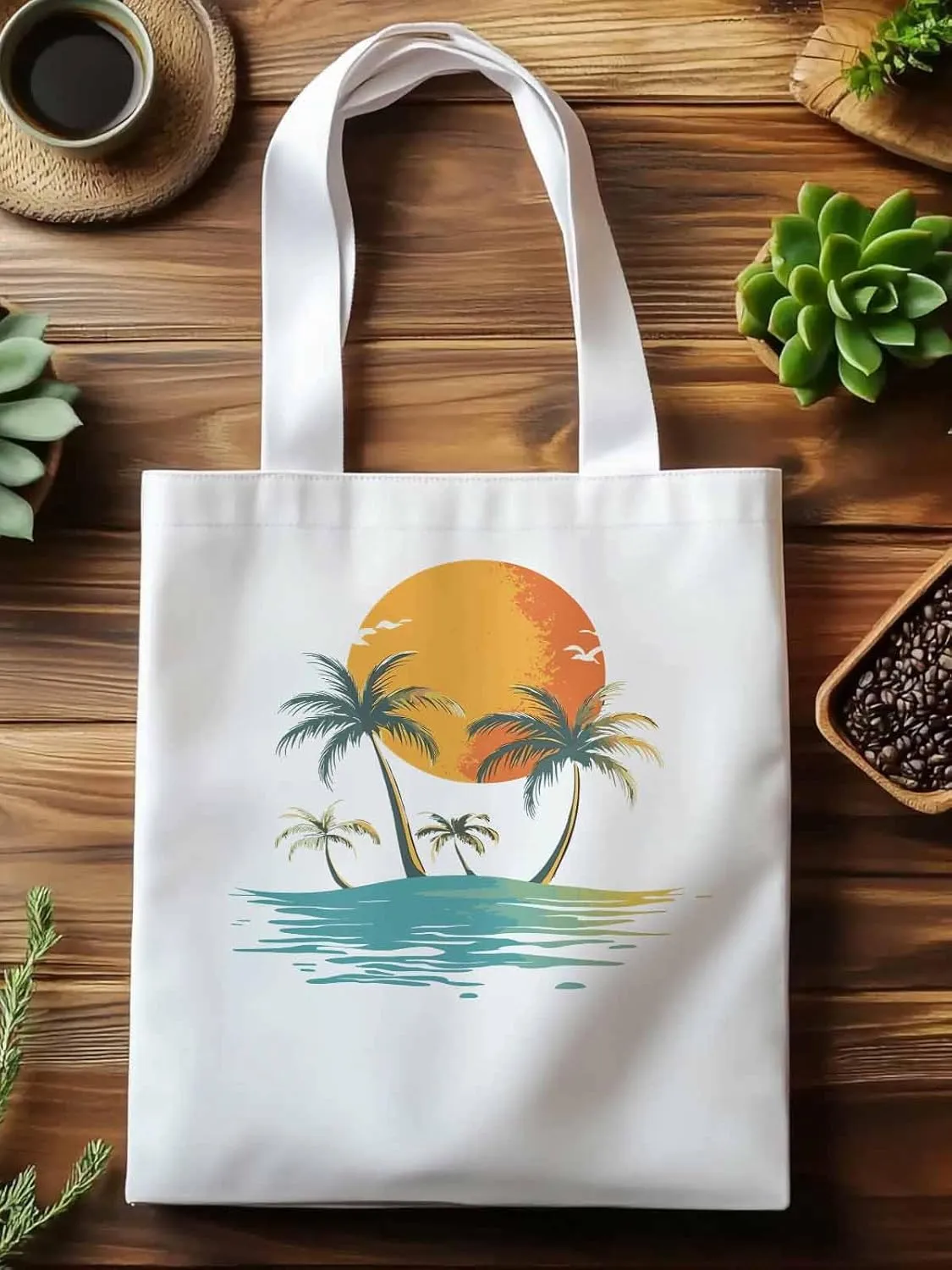 Canvas Tote Bag, Ocean Coconut Tree Orange Sun Beach patterned Canvas Tote Handbags for Women Shoulder Bag,