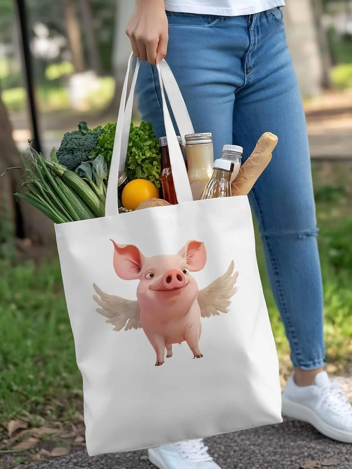 Canvas Tote Bag, Pig Aesthetic Canvas Tote Handbags for Women Shoulder Bag Watercolor Animals