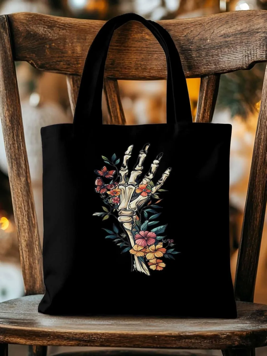 Canvas Tote Bag, Skeleton Flowers Plants patterned Canvas Tote Handbags for Women Shoulder Bag,