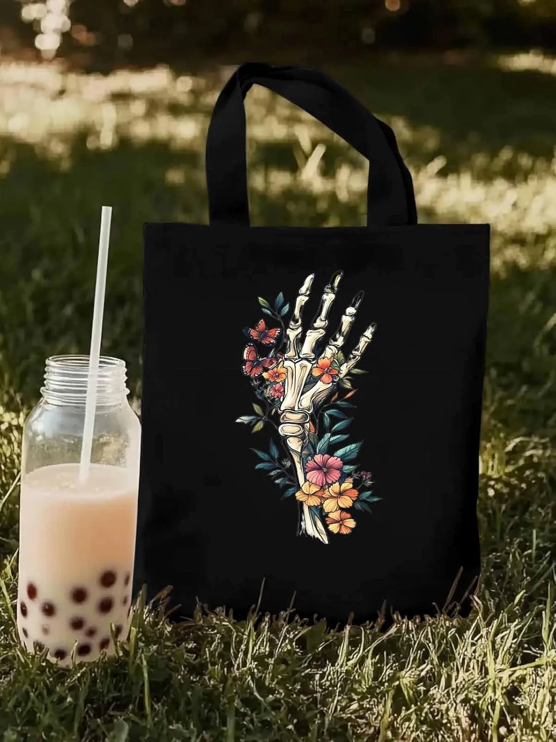 Canvas Tote Bag, Skeleton Flowers Plants patterned Canvas Tote Handbags for Women Shoulder Bag,
