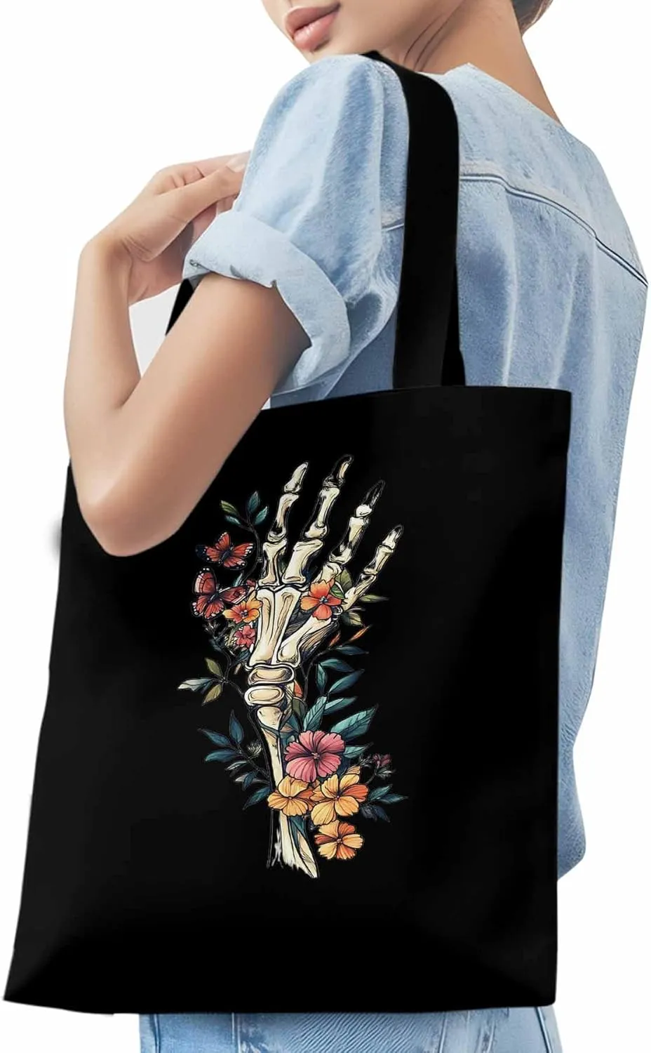 Canvas Tote Bag, Skeleton Flowers Plants patterned Canvas Tote Handbags for Women Shoulder Bag,