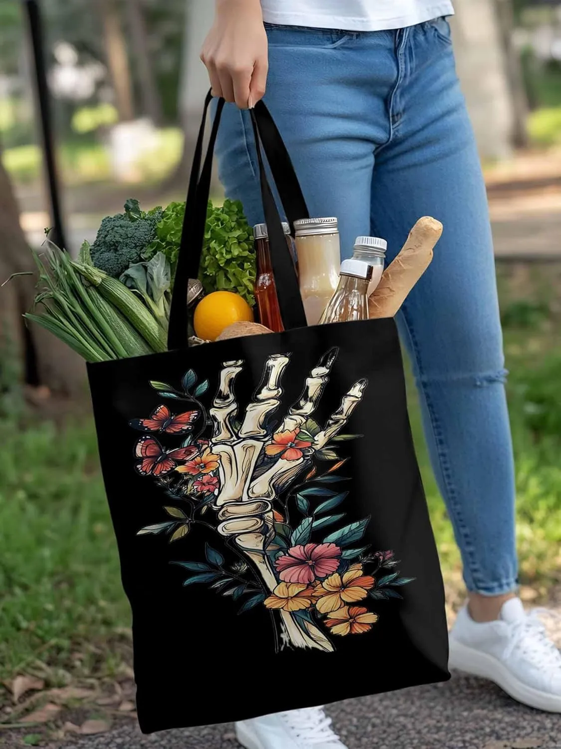 Canvas Tote Bag, Skeleton Flowers Plants patterned Canvas Tote Handbags for Women Shoulder Bag,
