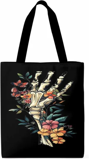 Canvas Tote Bag, Skeleton Flowers Plants patterned Canvas Tote Handbags for Women Shoulder Bag,