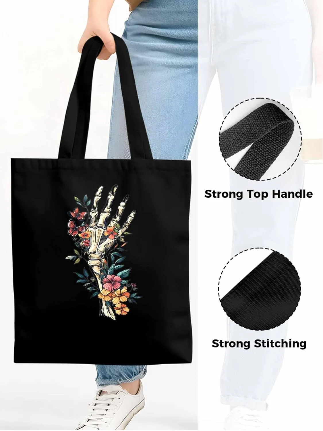 Canvas Tote Bag, Skeleton Flowers Plants patterned Canvas Tote Handbags for Women Shoulder Bag,