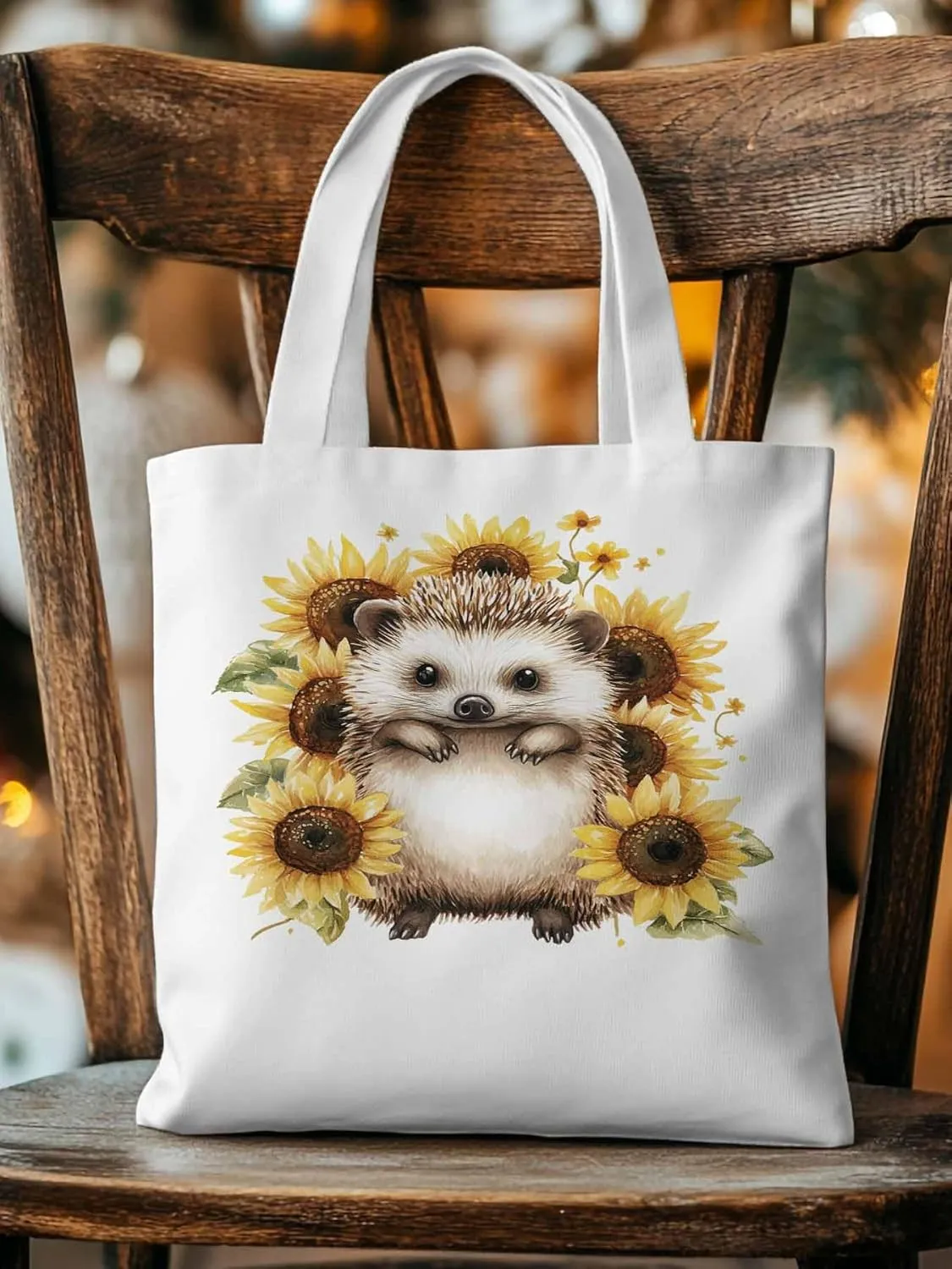 Canvas Tote Bag, Sunflower Cute Hedgehog Aesthetic Canvas Tote Handbags for Women Shoulder Bag