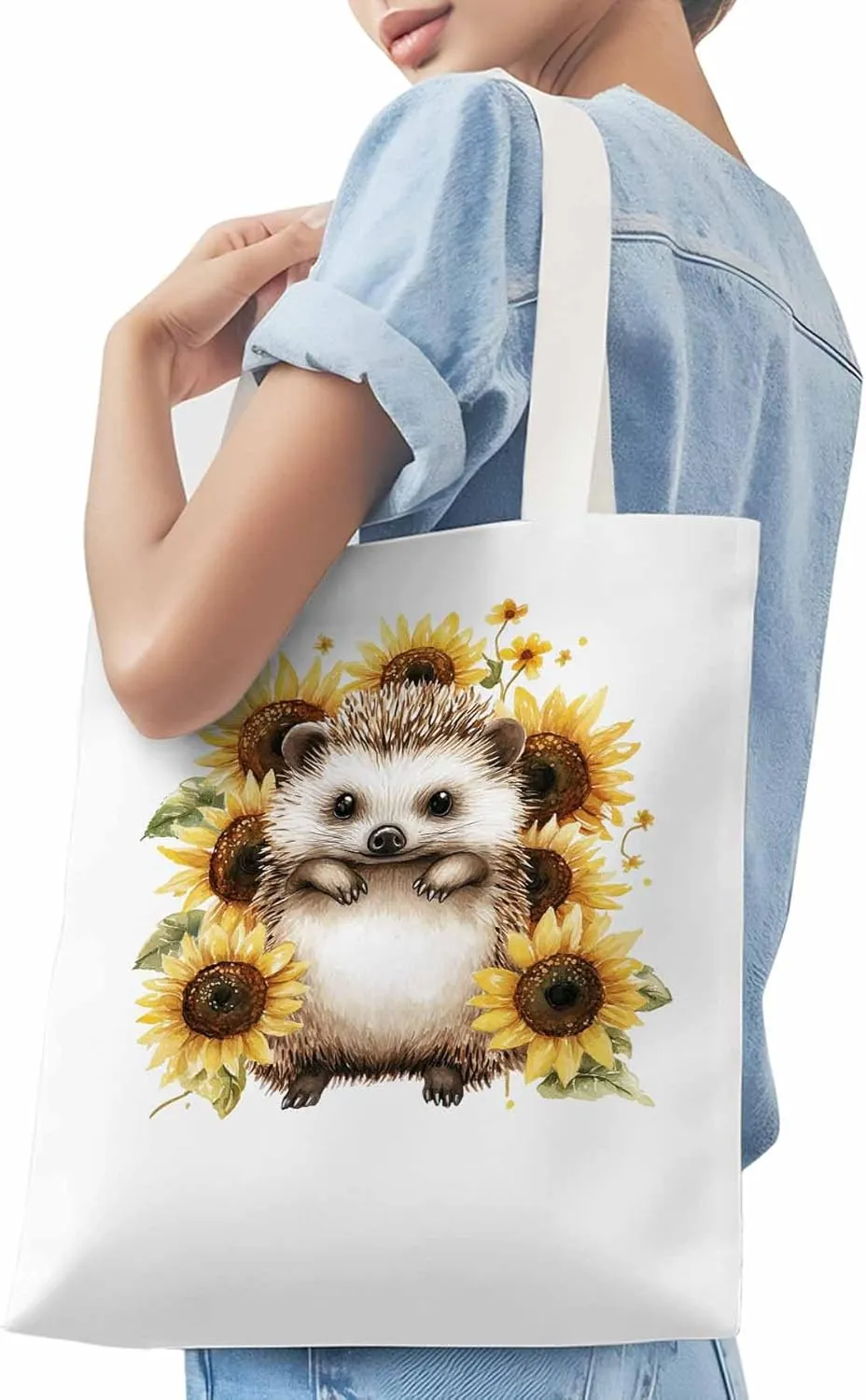 Canvas Tote Bag, Sunflower Cute Hedgehog Aesthetic Canvas Tote Handbags for Women Shoulder Bag
