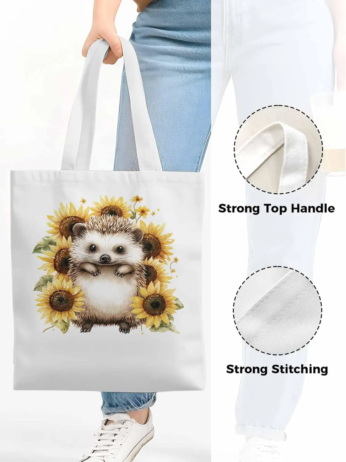 Canvas Tote Bag, Sunflower Cute Hedgehog Aesthetic Canvas Tote Handbags for Women Shoulder Bag