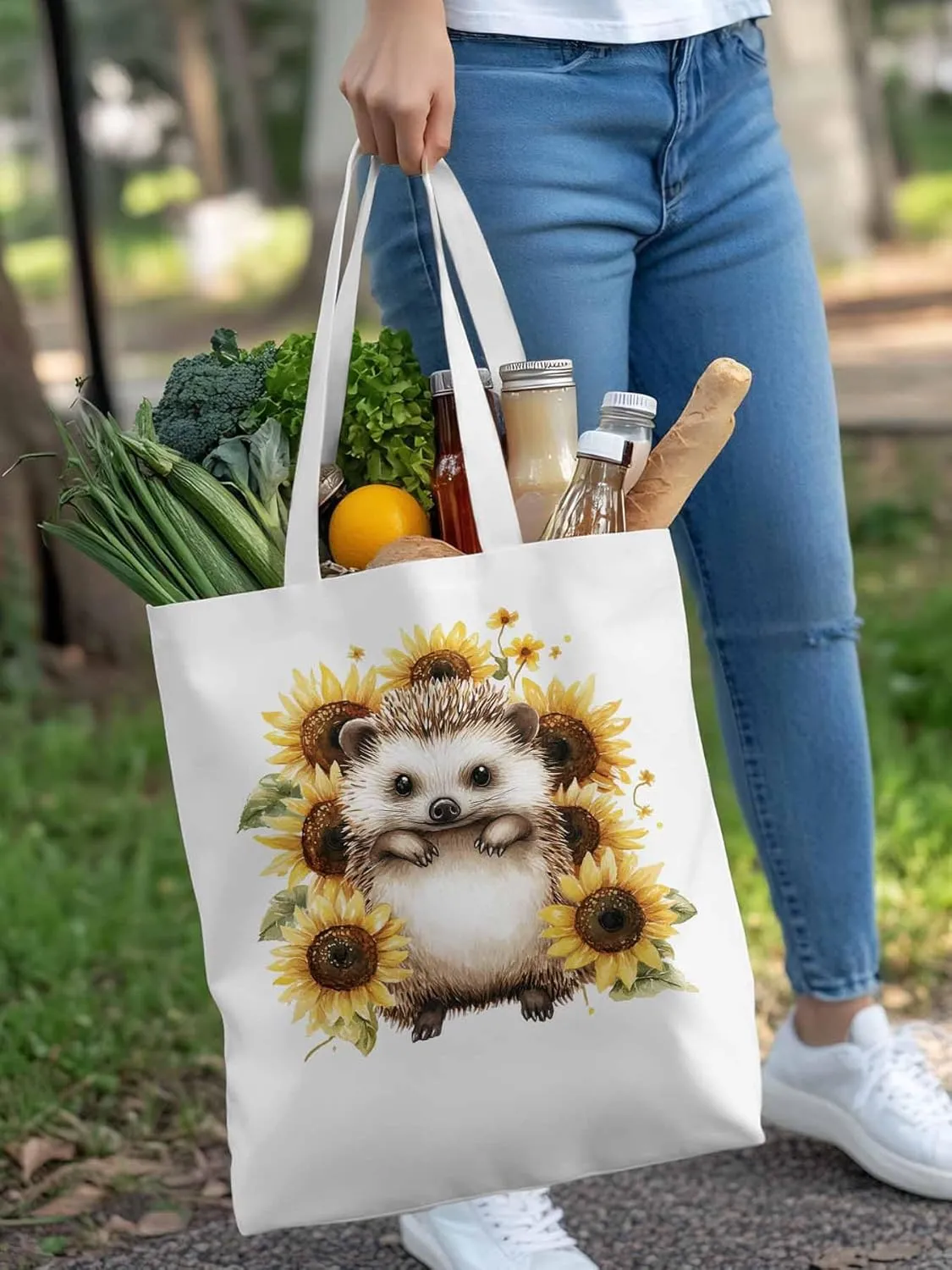 Canvas Tote Bag, Sunflower Cute Hedgehog Aesthetic Canvas Tote Handbags for Women Shoulder Bag