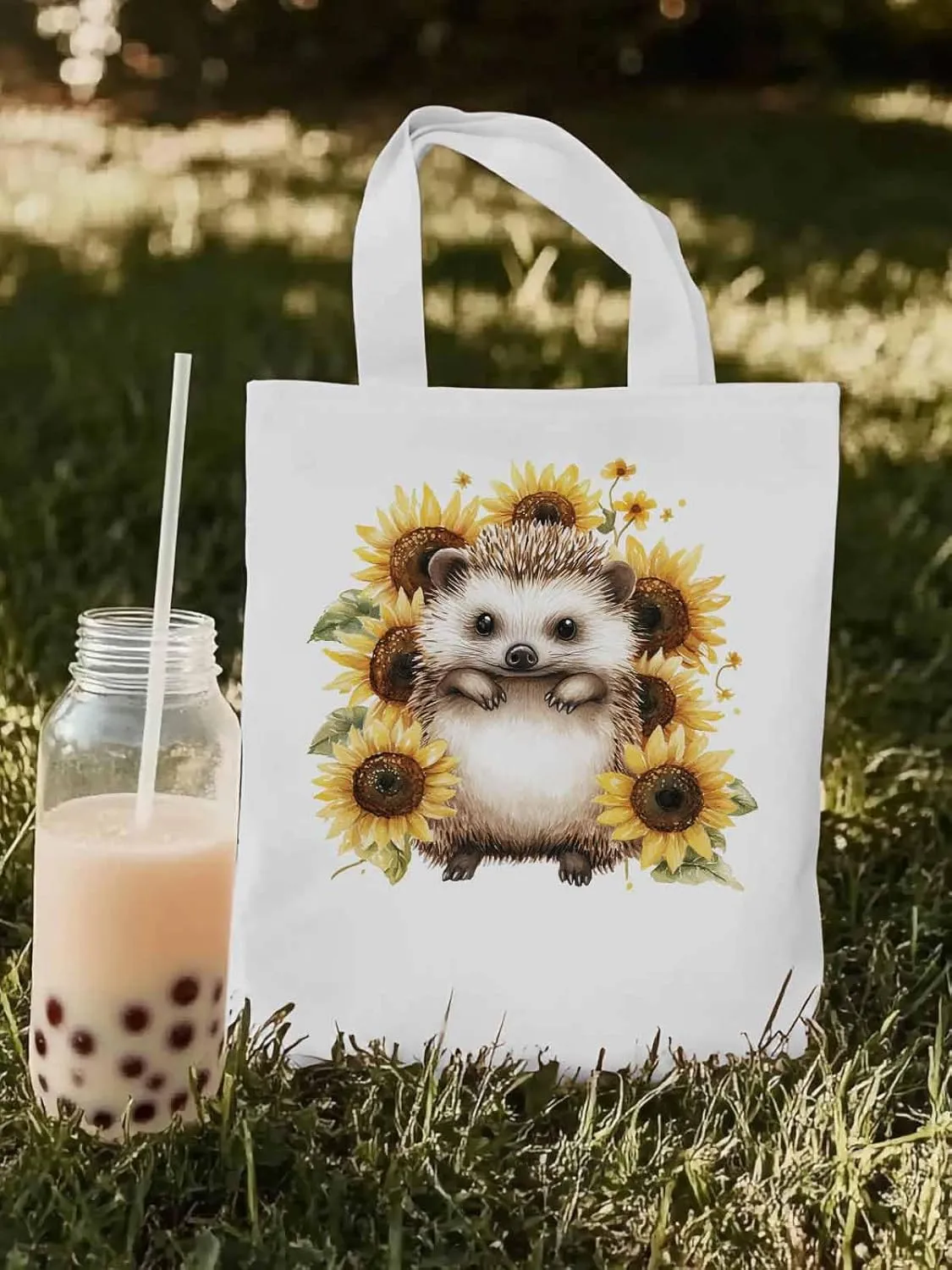 Canvas Tote Bag, Sunflower Cute Hedgehog Aesthetic Canvas Tote Handbags for Women Shoulder Bag