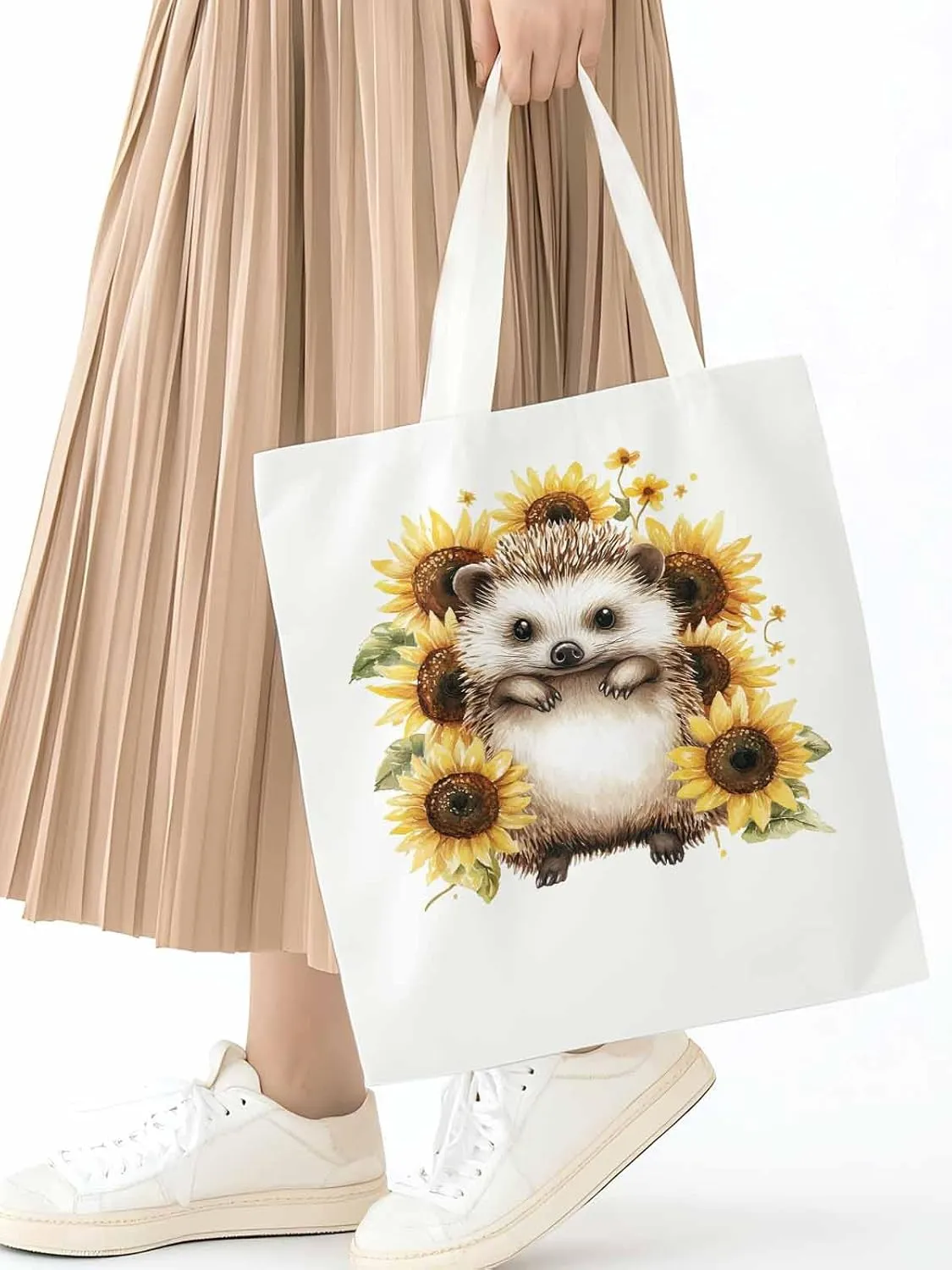 Canvas Tote Bag, Sunflower Cute Hedgehog Aesthetic Canvas Tote Handbags for Women Shoulder Bag