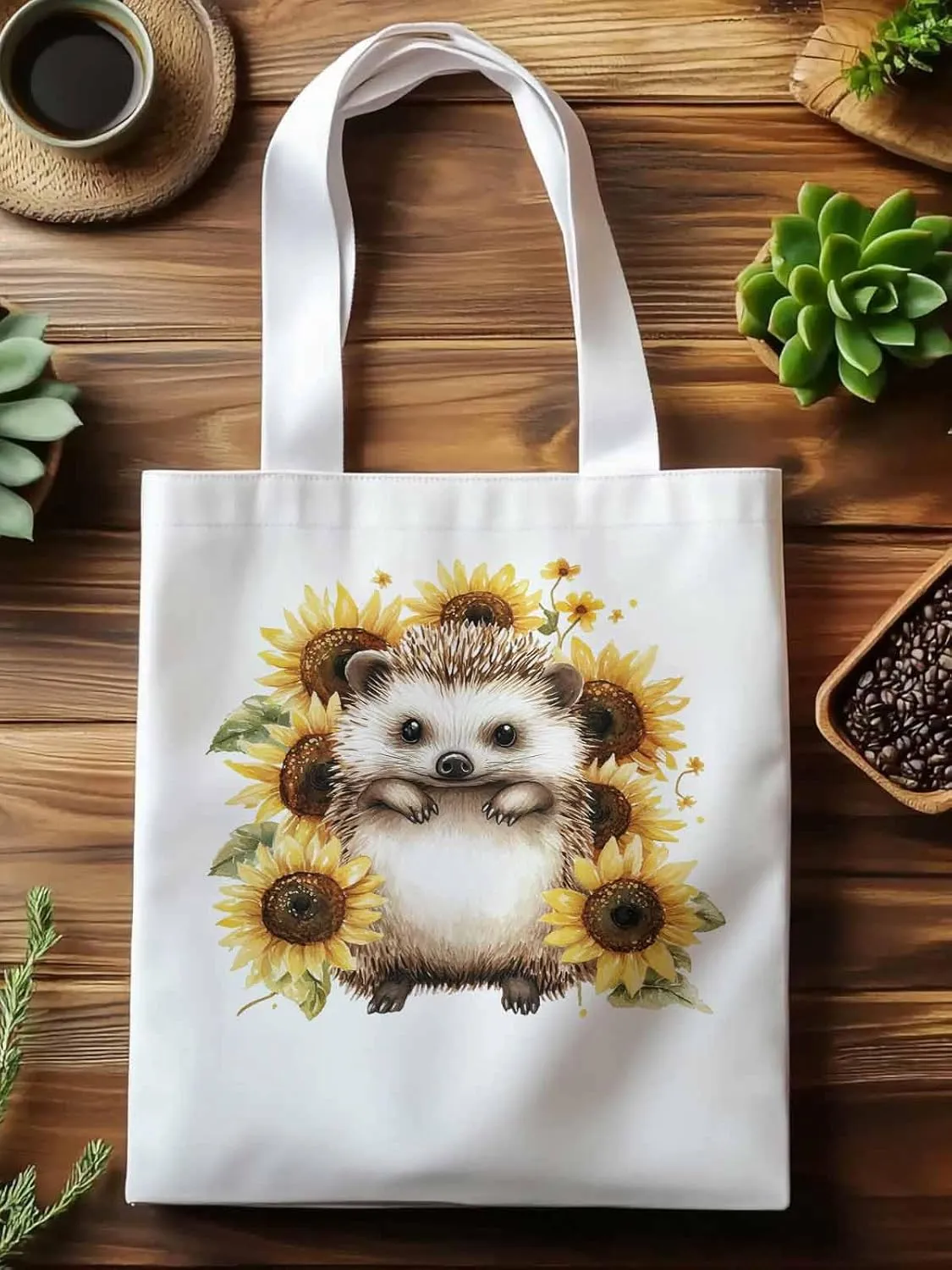 Canvas Tote Bag, Sunflower Cute Hedgehog Aesthetic Canvas Tote Handbags for Women Shoulder Bag