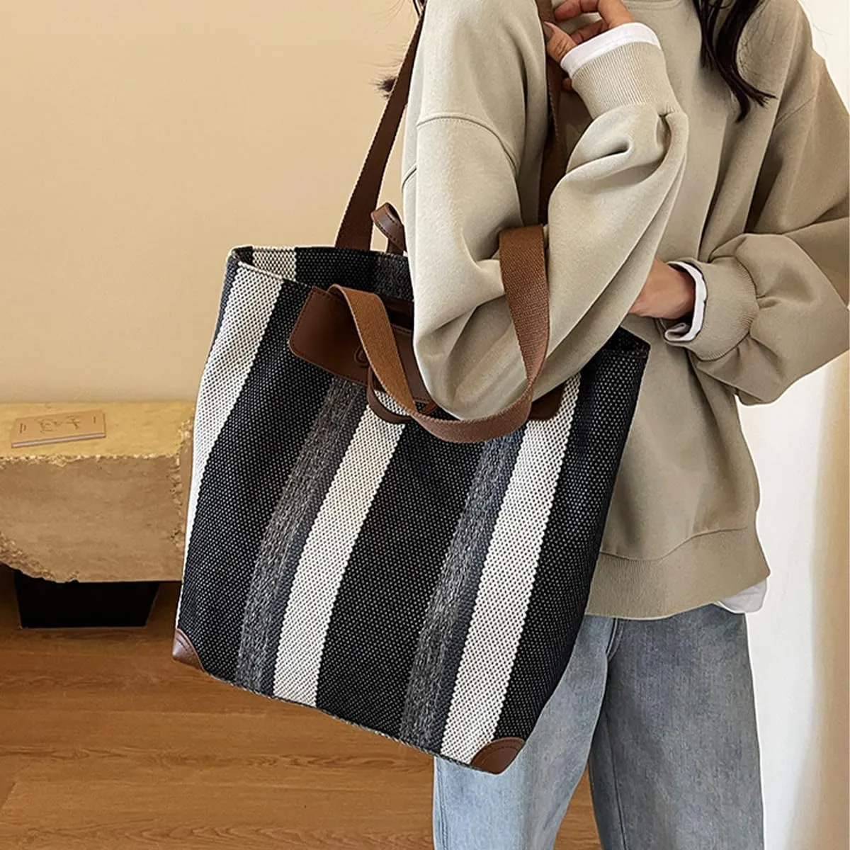 Canvas Tote Bag Tote Bag For Women Tote Bag With Zipper Work Bags For Women Casual Stripes Handbags For Women