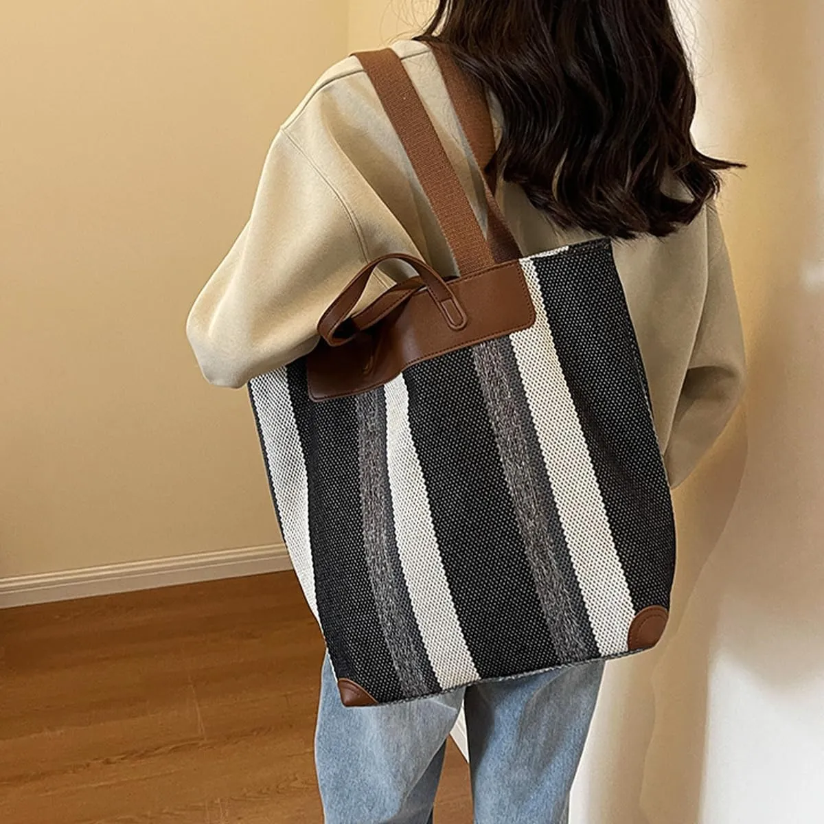Canvas Tote Bag Tote Bag For Women Tote Bag With Zipper Work Bags For Women Casual Stripes Handbags For Women
