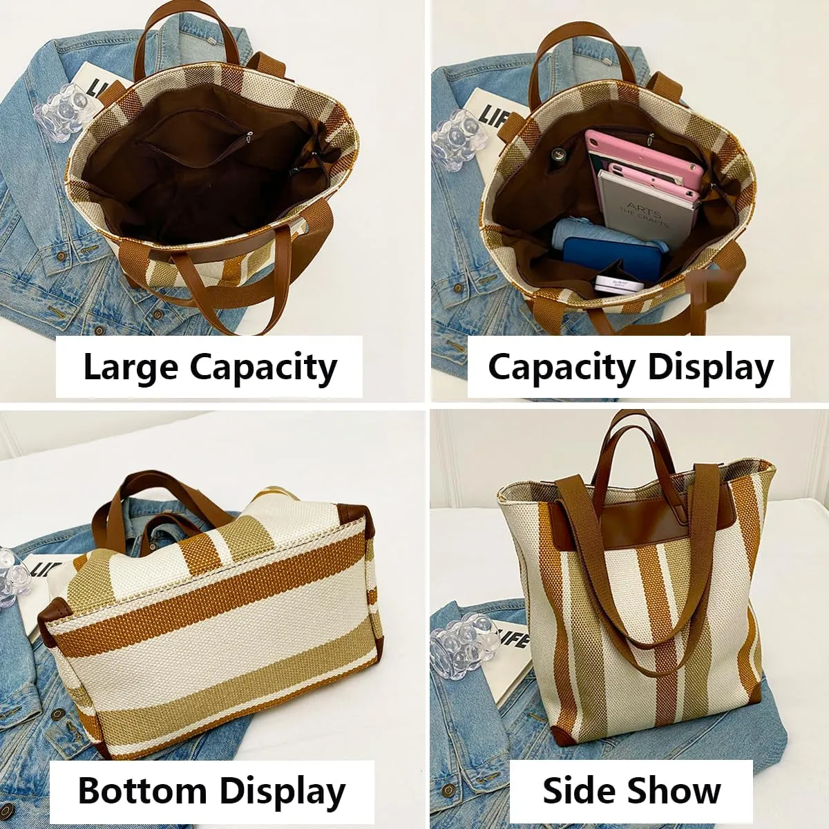 Canvas Tote Bag Tote Bag For Women Tote Bag With Zipper Work Bags For Women Casual Stripes Handbags For Women