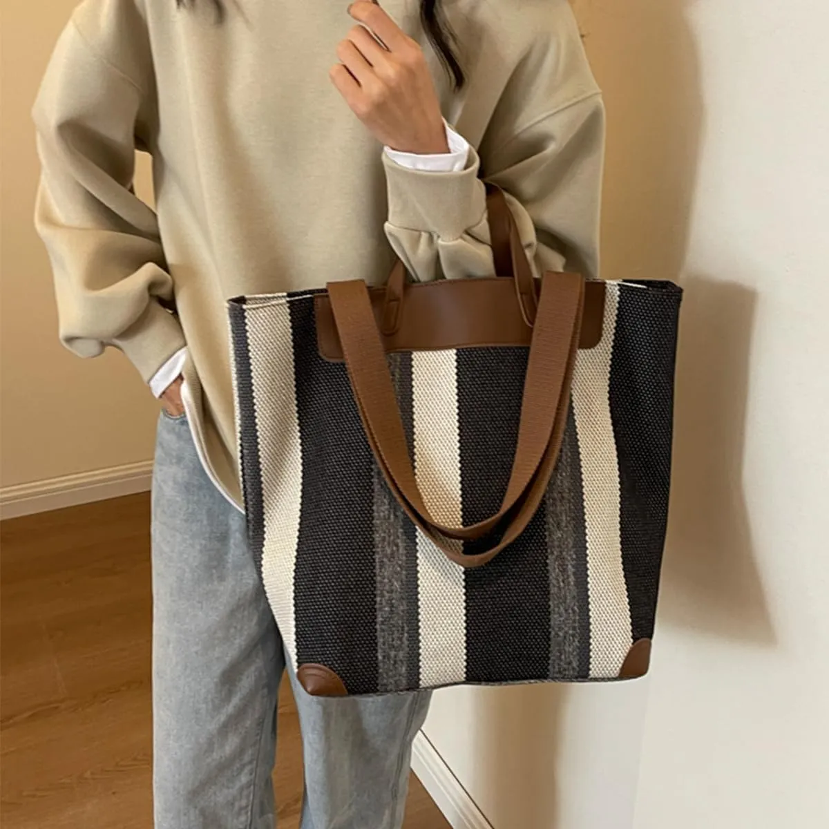 Canvas Tote Bag Tote Bag For Women Tote Bag With Zipper Work Bags For Women Casual Stripes Handbags For Women