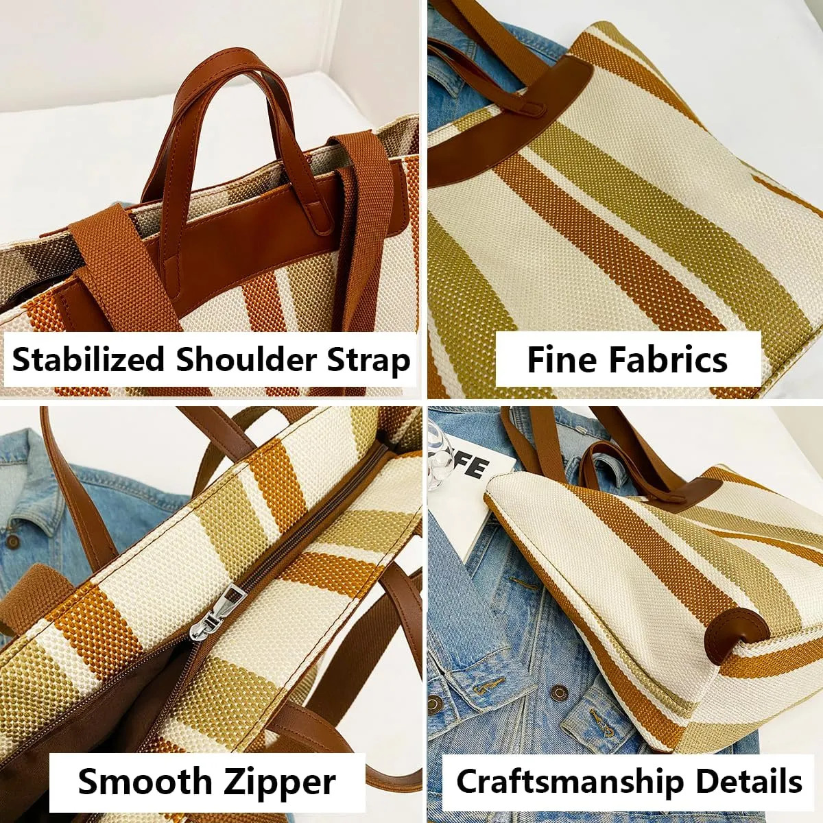 Canvas Tote Bag Tote Bag For Women Tote Bag With Zipper Work Bags For Women Casual Stripes Handbags For Women