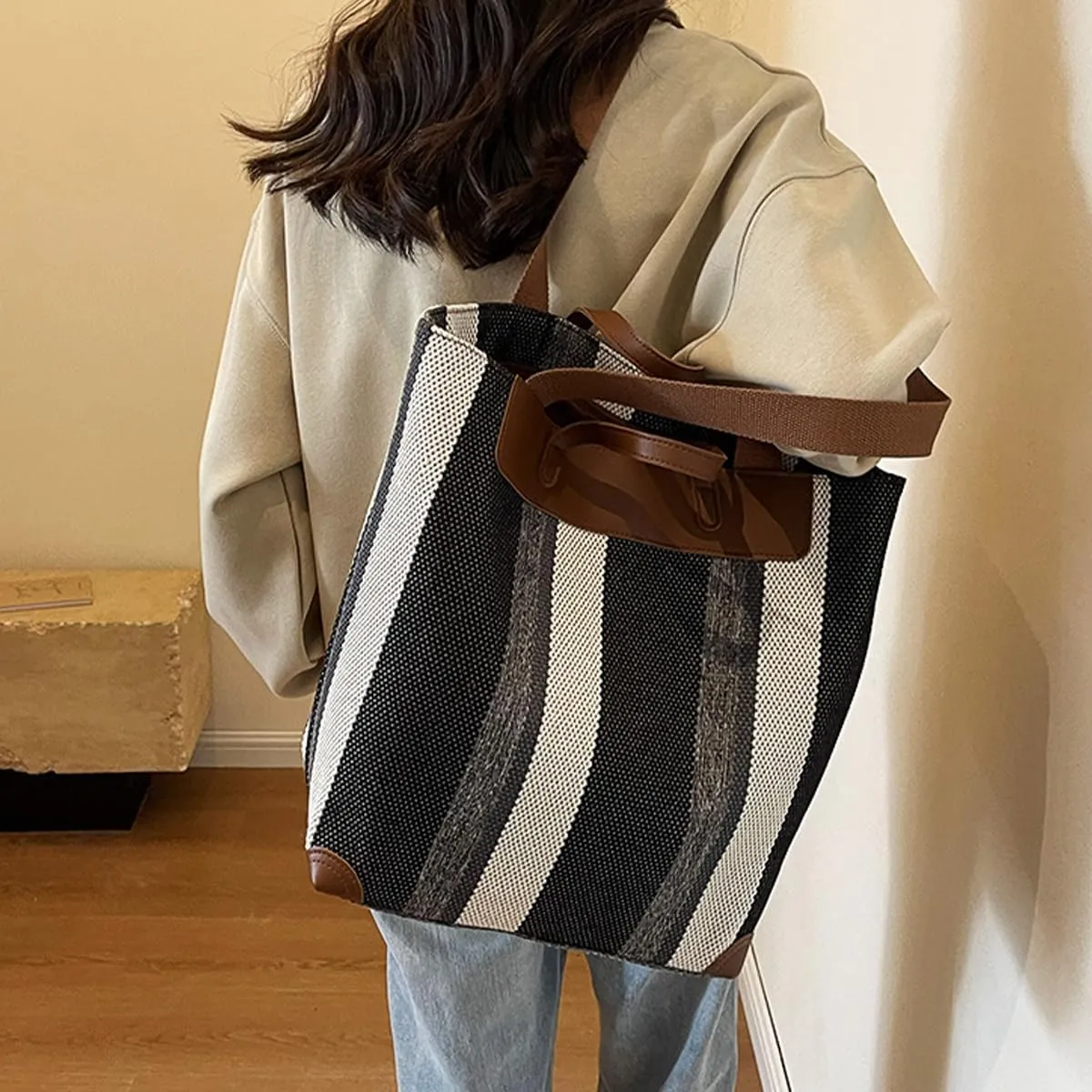 Canvas Tote Bag Tote Bag For Women Tote Bag With Zipper Work Bags For Women Casual Stripes Handbags For Women