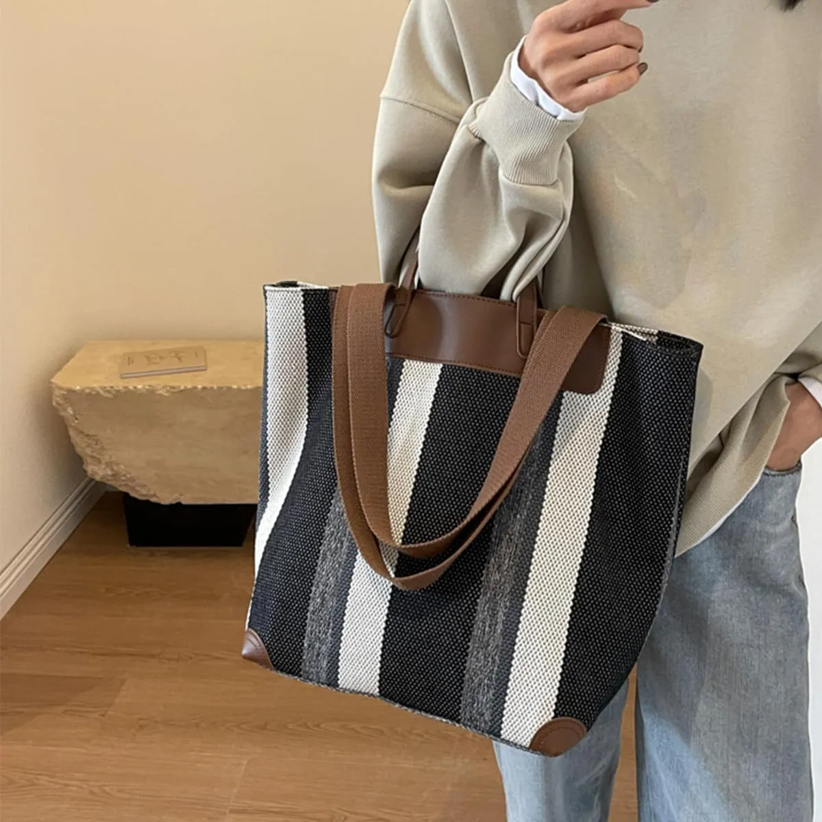 Canvas Tote Bag Tote Bag For Women Tote Bag With Zipper Work Bags For Women Casual Stripes Handbags For Women