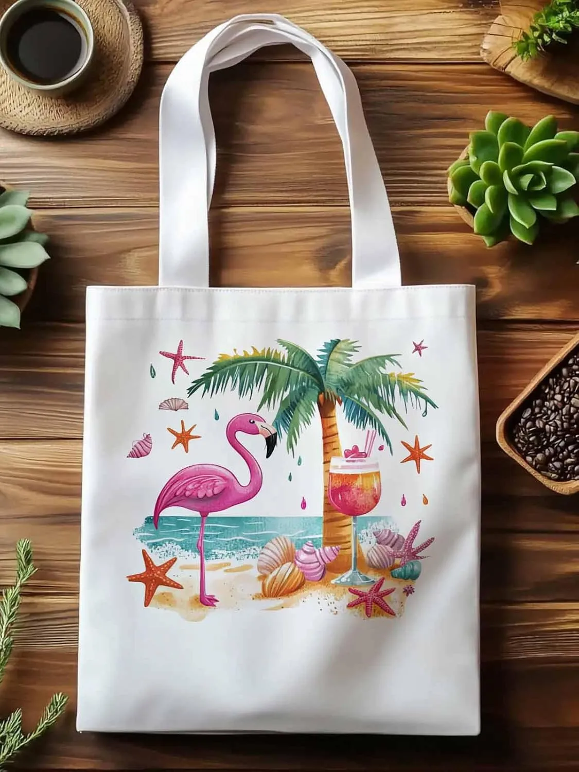 Canvas Tote Bag, Tropical Flamingo Palm Starfish Aesthetic Canvas Tote Handbags for Women Shoulder Bag,