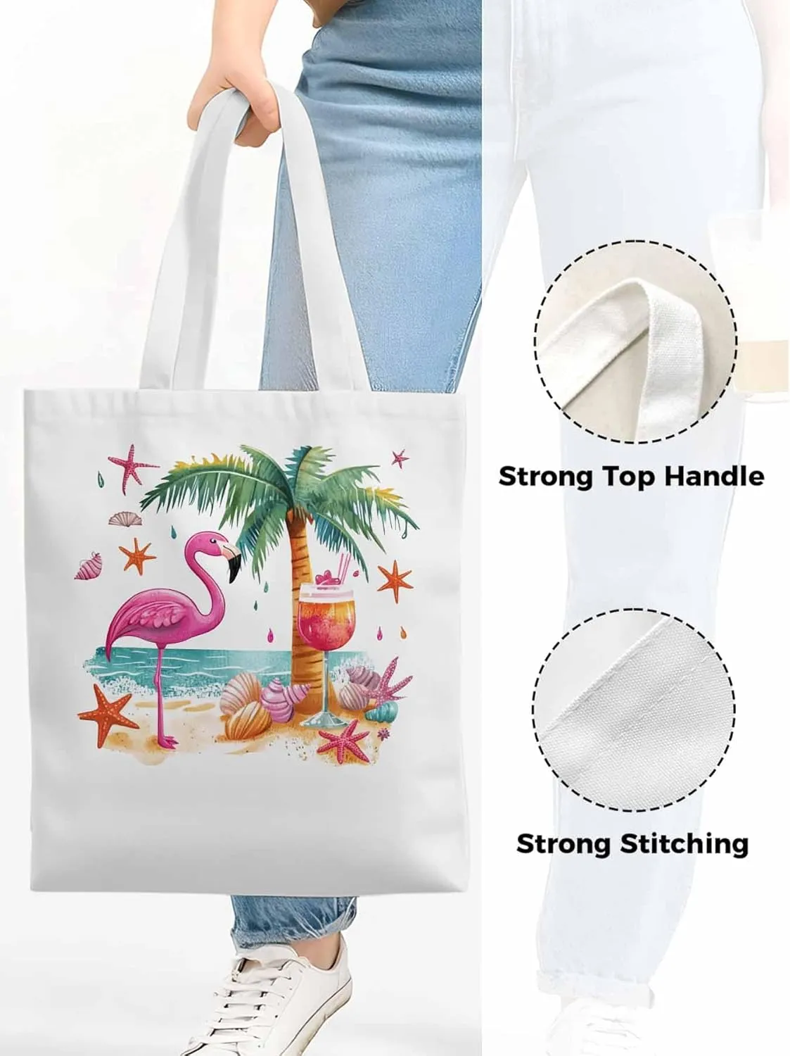 Canvas Tote Bag, Tropical Flamingo Palm Starfish Aesthetic Canvas Tote Handbags for Women Shoulder Bag,