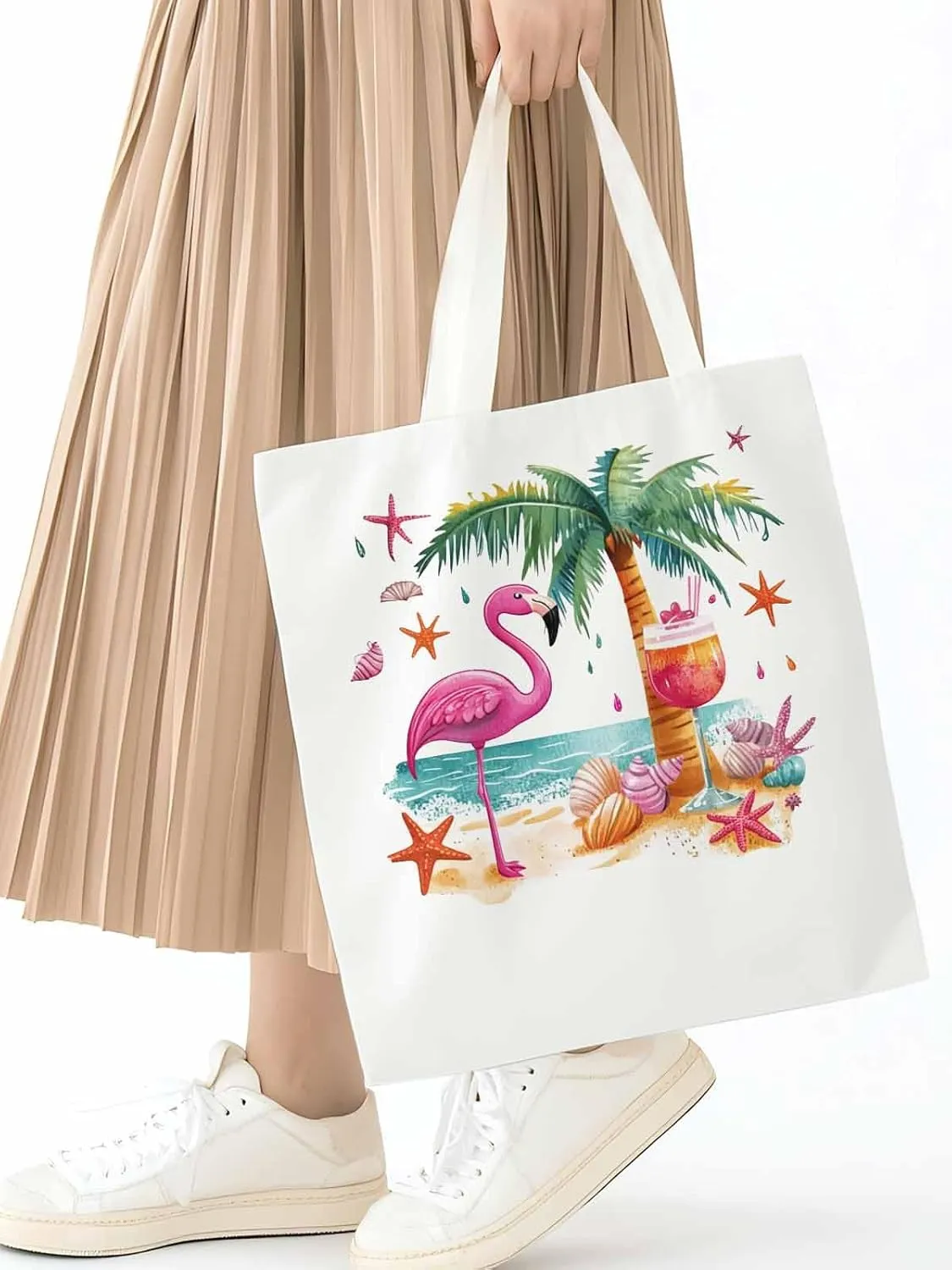 Canvas Tote Bag, Tropical Flamingo Palm Starfish Aesthetic Canvas Tote Handbags for Women Shoulder Bag,
