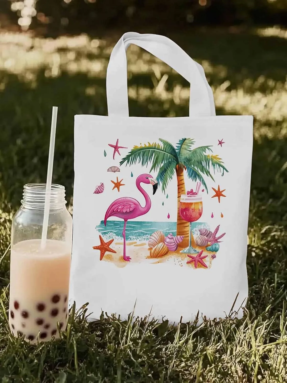 Canvas Tote Bag, Tropical Flamingo Palm Starfish Aesthetic Canvas Tote Handbags for Women Shoulder Bag,