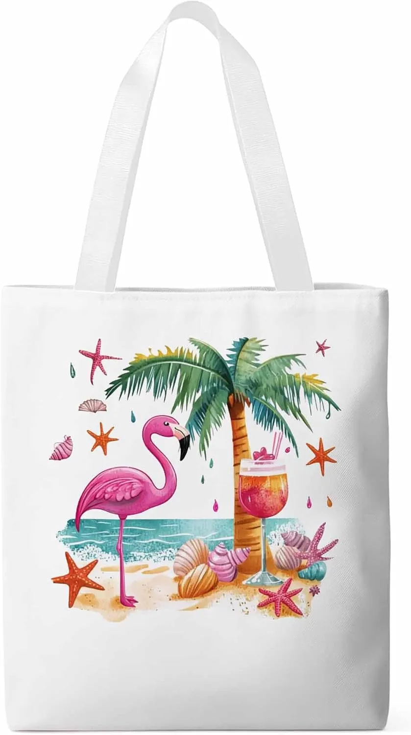 Canvas Tote Bag, Tropical Flamingo Palm Starfish Aesthetic Canvas Tote Handbags for Women Shoulder Bag,