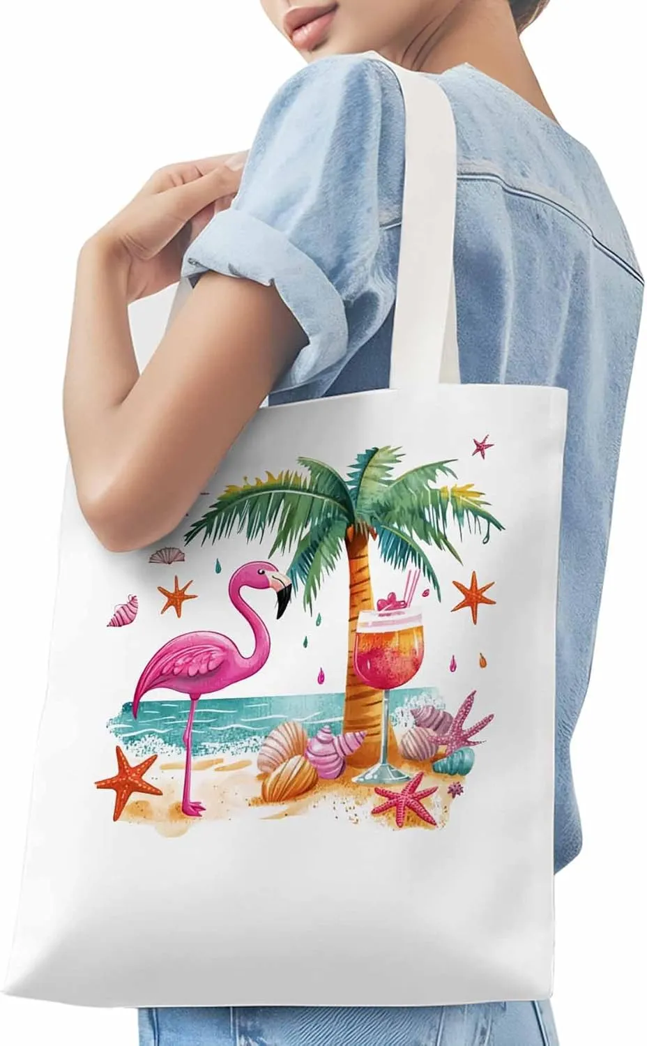 Canvas Tote Bag, Tropical Flamingo Palm Starfish Aesthetic Canvas Tote Handbags for Women Shoulder Bag,