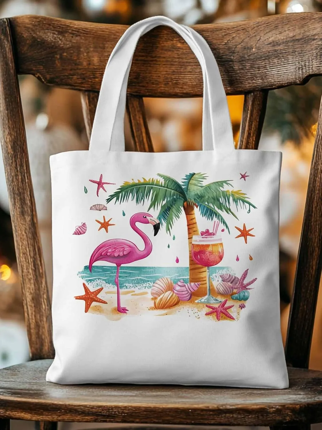 Canvas Tote Bag, Tropical Flamingo Palm Starfish Aesthetic Canvas Tote Handbags for Women Shoulder Bag,