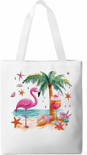 Canvas Tote Bag, Tropical Flamingo Palm Starfish Aesthetic Canvas Tote Handbags for Women Shoulder Bag,