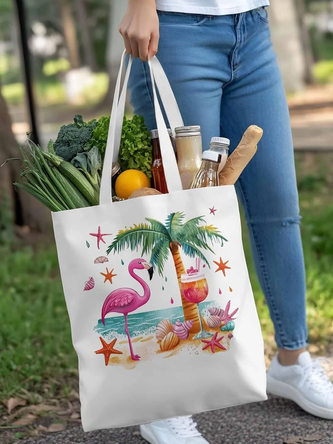 Canvas Tote Bag, Tropical Flamingo Palm Starfish Aesthetic Canvas Tote Handbags for Women Shoulder Bag,