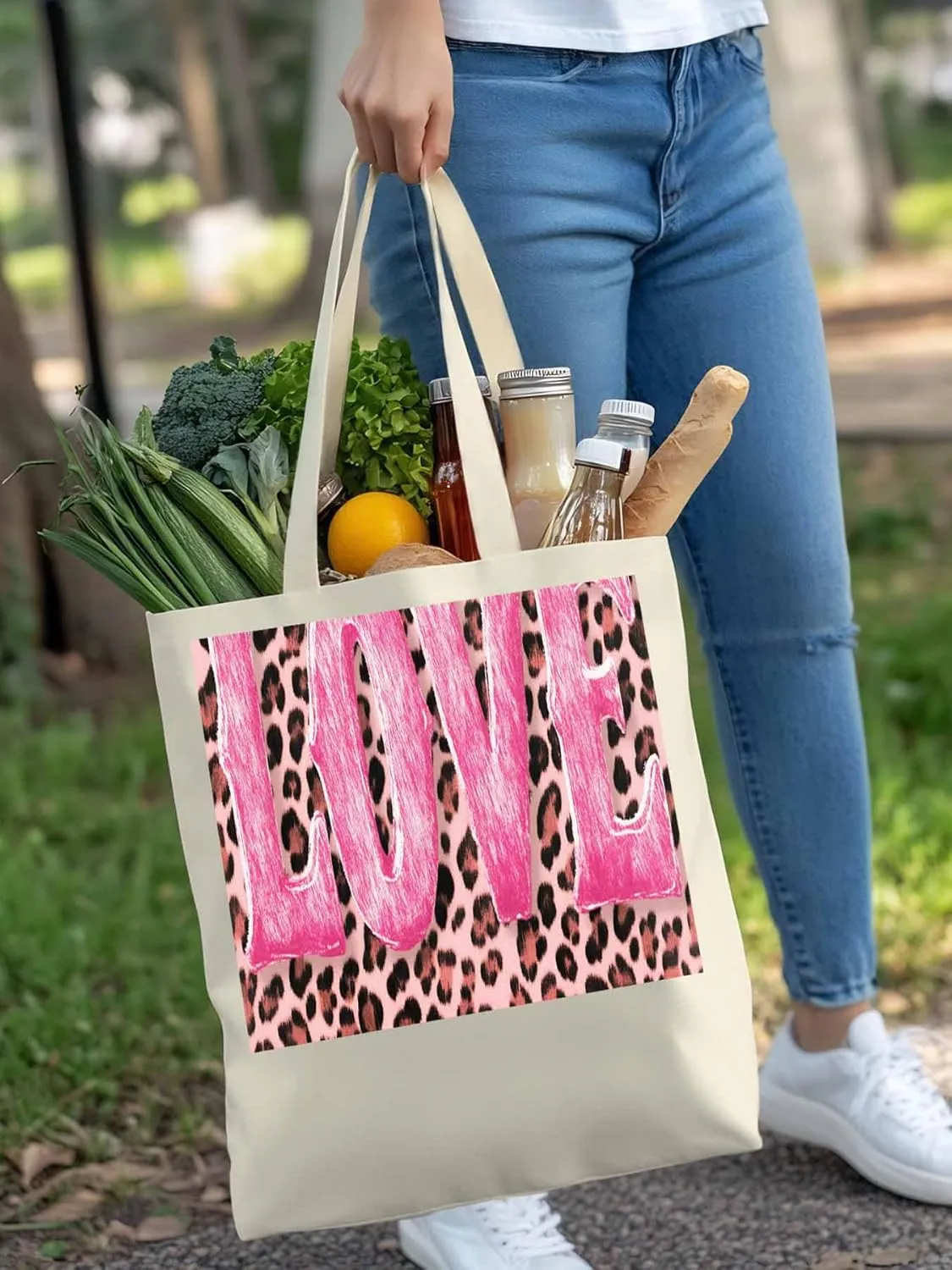 Canvas Tote Bag, Valentine Leopard Love Pink patterned Canvas Tote Handbags for Women Shoulder Bag,