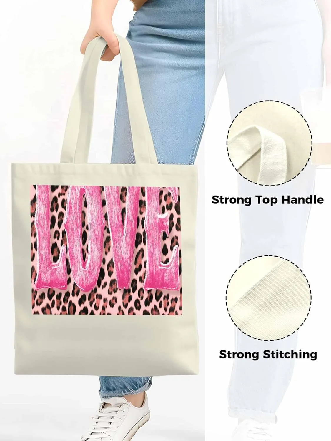 Canvas Tote Bag, Valentine Leopard Love Pink patterned Canvas Tote Handbags for Women Shoulder Bag,