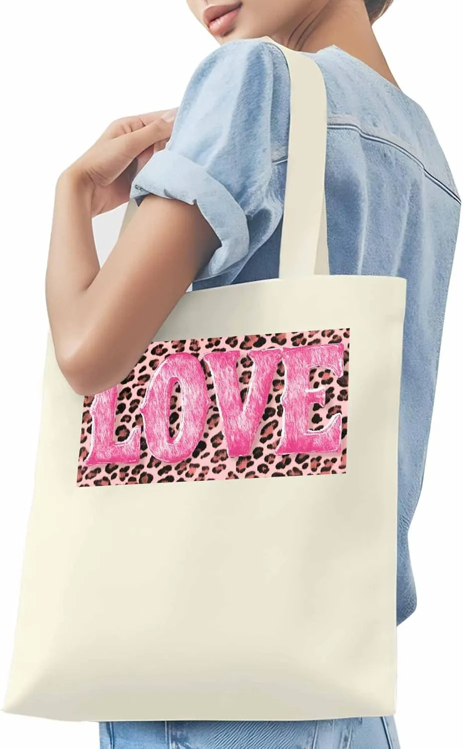 Canvas Tote Bag, Valentine Leopard Love Pink patterned Canvas Tote Handbags for Women Shoulder Bag,