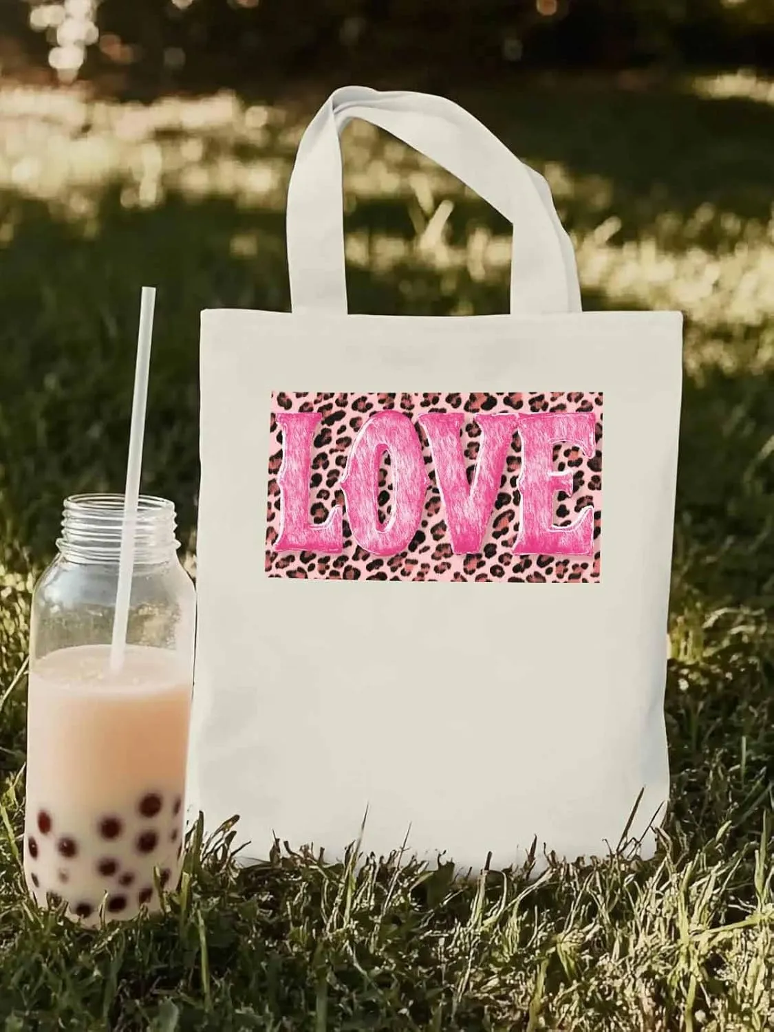 Canvas Tote Bag, Valentine Leopard Love Pink patterned Canvas Tote Handbags for Women Shoulder Bag,