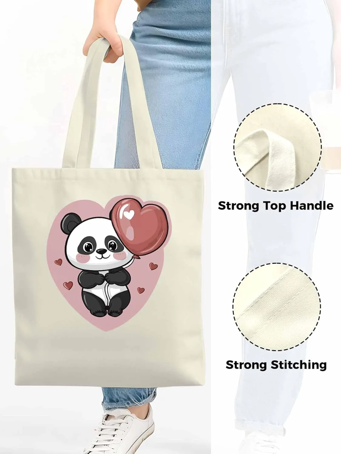 Canvas Tote Bag, Valentine's Day Cute Panda Aesthetic Canvas Tote Handbags for Women Shoulder Bag