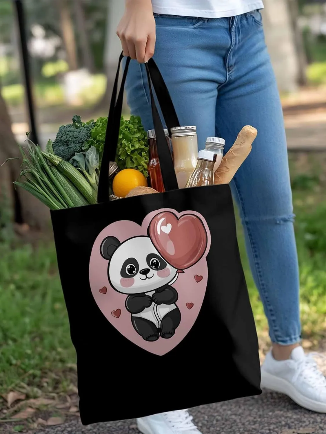 Canvas Tote Bag, Valentine's Day Cute Panda Aesthetic Canvas Tote Handbags for Women Shoulder Bag