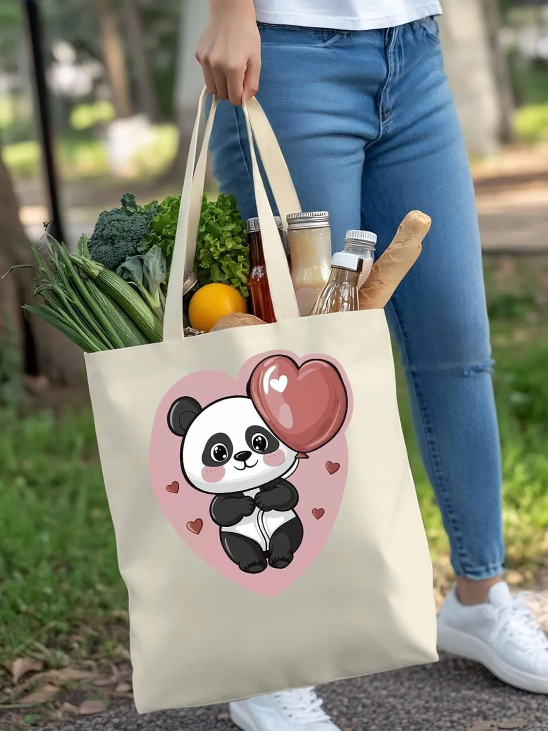 Canvas Tote Bag, Valentine's Day Cute Panda Aesthetic Canvas Tote Handbags for Women Shoulder Bag