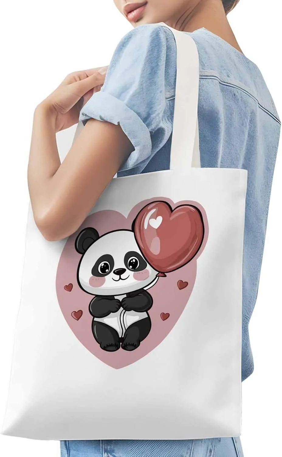 Canvas Tote Bag, Valentine's Day Cute Panda Aesthetic Canvas Tote Handbags for Women Shoulder Bag