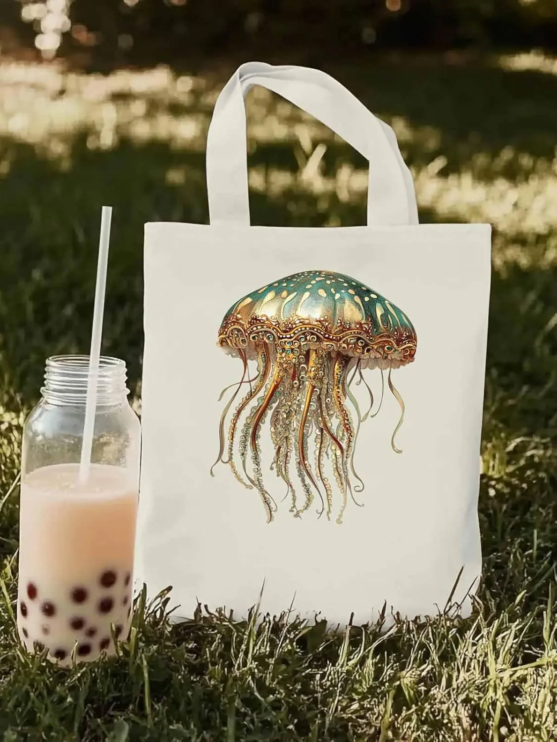 Canvas Tote Bag, Vintage Jellyfish Print patterned Canvas Tote Handbags for Women Shoulder Bag,